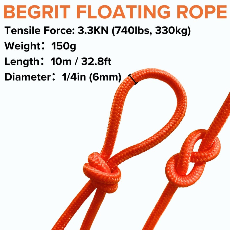 BeGrit حبل BeGrit العائم 1/4" × 32.8' حبل بولي بروبيلين حبل مرساة حبل ربط قارب قارب كاياك حبل سحب رمي مع خطاف للقارب التخييم المشي في الطبيعة مظلة خيمة 6 مم × 10 م - Image 3